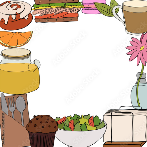 cafe food coffee tea Frame template square Cafe hand drawn illustration. Vector graphic line ink art. Silhouette sign for logo, print, comics, fashion, pop art, boards, decoration, posters