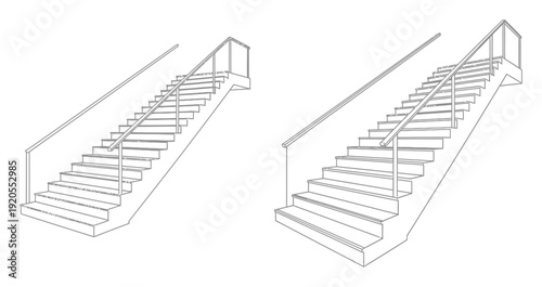 Line of modern staircases with handrails a white background stairs architecture