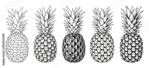 Detailed hand drawn black and white pineapples arranged in a row a white background