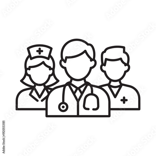 Line art illustration depicting a doctor and two healthcare professionals