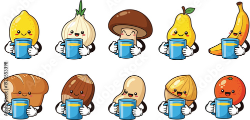 Cute kawaii food characters holding coffee cups. Lemon, banana, mushroom and bread in playful cartoon style. Happy emoji inspired illustration isolated on white background.