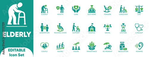 Elderly Solid Icon Set. elderly, caregiver, loss, hearing, pension, retirement, generation, and support.