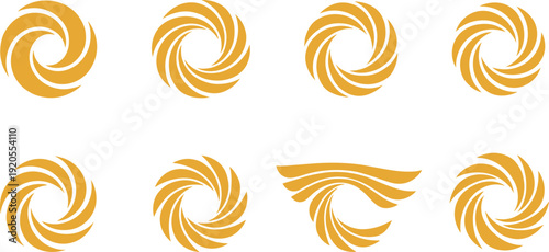 Golden spiral logo collection layout. Curved geometric swirl symbols arranged in clean grid composition. Modern minimalist branding design on gray background with subtle shadow.