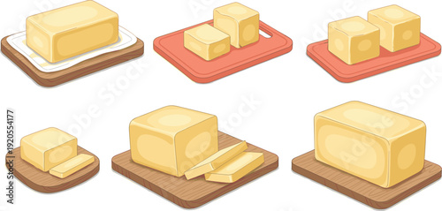 3D butter blocks cutting stages illustration. Whole and sliced butter on plates and wooden boards. Minimalist kitchen render on gray background with white border.