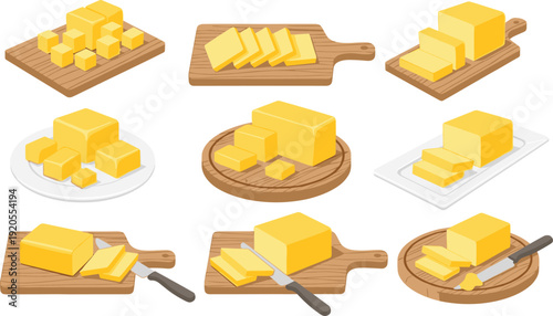 Isometric butter cutting and serving illustration set. Yellow butter blocks on wooden boards and plates in 3x3 grid. Minimalist kitchen food design on white background.