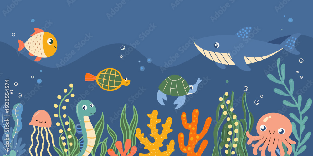 Obraz premium Colorful underwater scene featuring various marine animals and coral