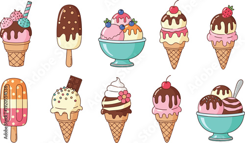 Cute kawaii ice cream dessert collection illustration. Cones, bowls and chocolate dipped bars in soft pastel cartoon style. Sweet summer treats set on white background with gray frame.