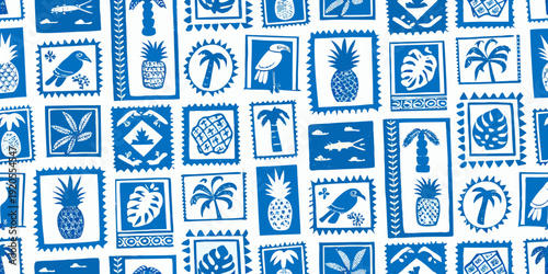 A repeating pattern of blue and white tropical themed postage stamps