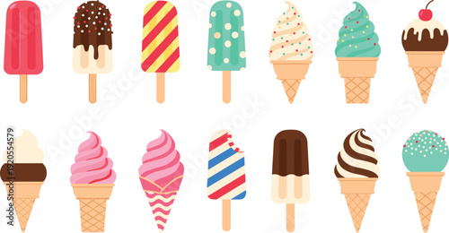 Cute ice cream treats flat illustration set. Popsicles and soft serve cones in colorful cartoon style. Playful dessert collection isolated on white background for menu design.