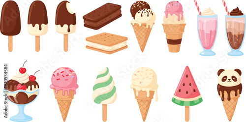Cute ice cream and dessert collection illustration. Chocolate dipped pops, cones and sundae in playful cartoon style. Sweet summer treats set on white background with dark gray frame.