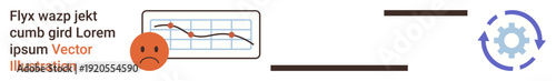 Business performance, market analysis, iterative process, workflow optimization, problem-solving, feedback cycle. Sad face next to a declining chart and a gear cycle icon. Business performance