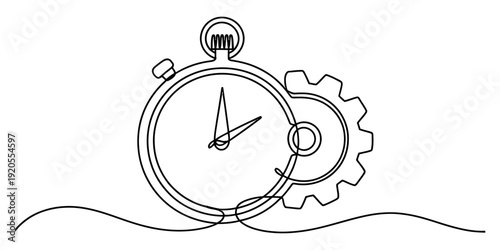 One line art illustration of a stopwatch with a mechanical gear on a white background. isolated on white background, Vector, illustration