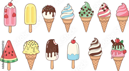 Colorful ice cream desserts illustration set. Cones, popsicles and chocolate dipped bars in cute cartoon style. Sweet summer treats collection on white background with black border.