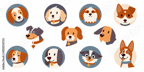 Collection of adorable cartoon dog faces in circular frames