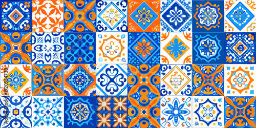 A vibrant assortment of traditional portuguese azulejo tiles in blue and orange