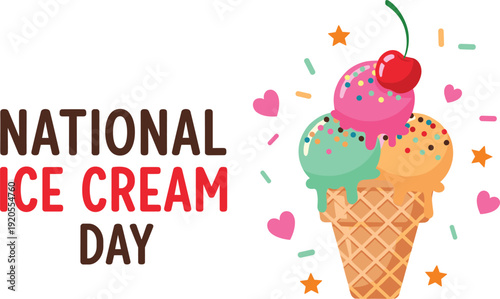 National Ice Cream Day promotional illustration. Waffle cone with colorful scoops, sprinkles and cherry in playful modern style. Festive holiday graphic on white background with gray border.