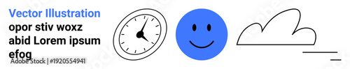 Time management, positivity, simplicity, mindfulness, weather, minimal design. Clock, smiling face cloud with a line. Time management and positivity-themed visual