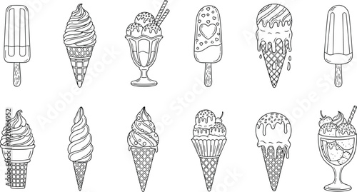 Ice cream and frozen dessert line art set. Twelve hand drawn cones, popsicles and milkshakes in black and white sketch style. Clean dessert illustration on white background with dark gray border.