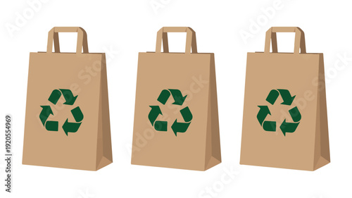 Three brown paper shopping bags with green recycling symbols against a white background, representing eco-friendly shopping and sustainability