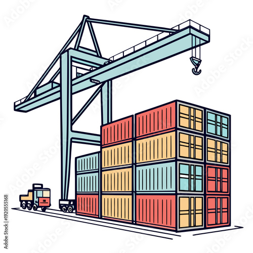 Large container depot with crane and stacked shipping containers