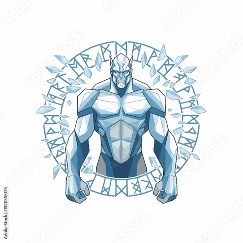 Blue Muscular Male Character with Runic Symbols.