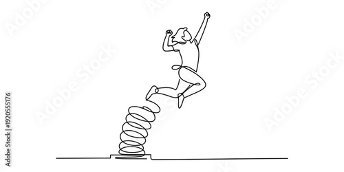 Continuous line drawing of a person jumping high in the air from a large metal spring isolated on white background, Vector, illustration