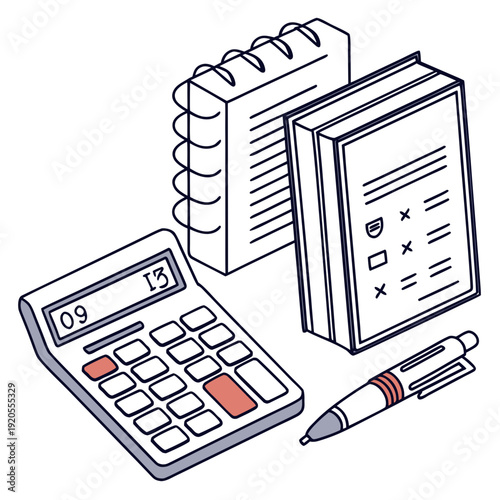 Of calculator notebook and pen for expense tracking