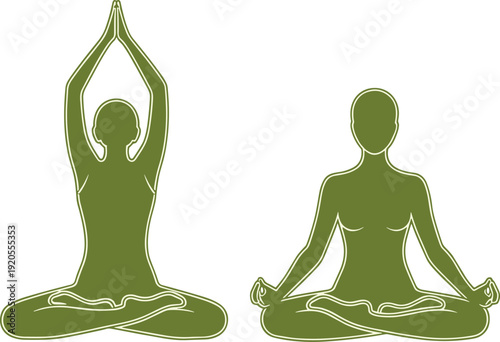 Yoga meditation silhouette set in lotus pose and raised arms mindfulness vector illustration
