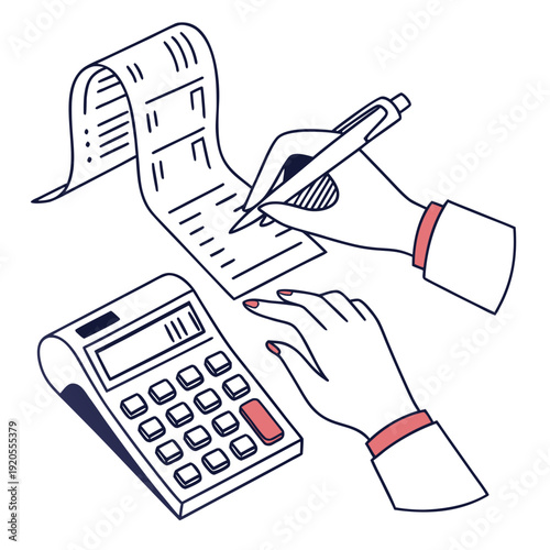 Hand holding pen writing on receipt with calculator