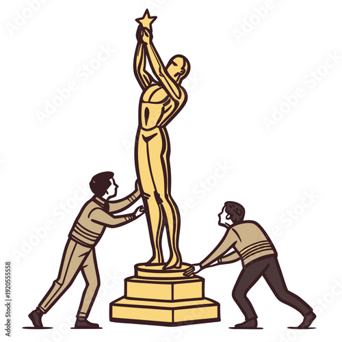 Gold statue on pedestal being moved by two men trophy