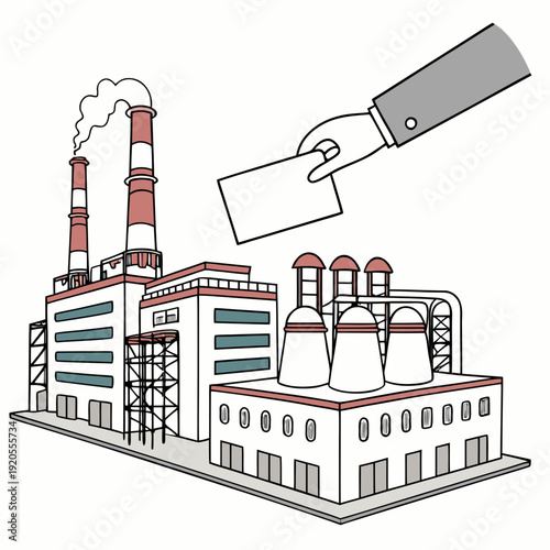 Industrial power plant with smoking chimneys and hand holding ballot box