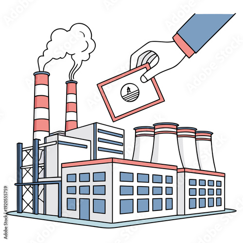 Industrial factory with smoking chimneys and hand holding permit