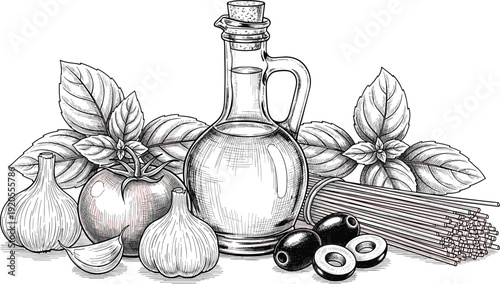 Mediterranean cooking ingredients ink sketch. Olive oil bottle, garlic, basil, olives and pasta in detailed black and white style. Realistic still life illustration isolated on white background.