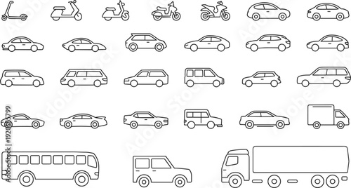 Vehicle types outline icons set, cars trucks motorcycles scooters bus collection, transportation line art, flat vector illustration