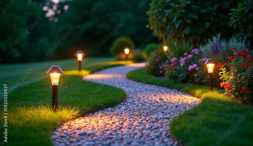 Fototapeta premium A cobblestone path lit by small garden lights winds through green grass and colorful flower beds at dusk.