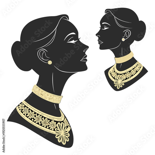 Gold jewelry on black silhouettes of women ornate necklaces