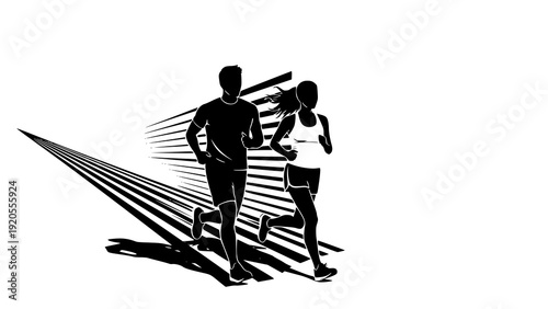 Running man and woman, isolated vector silhouettes. Run, side view. Silhouettes of athletic looking male and female runners running. Transparent background PNG version.
