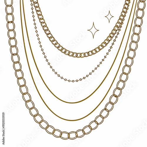 Gold chains and necklaces with starburst on white background