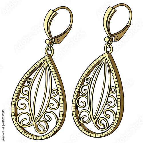 Gold teardrop earrings with filigree details and lever back clasps