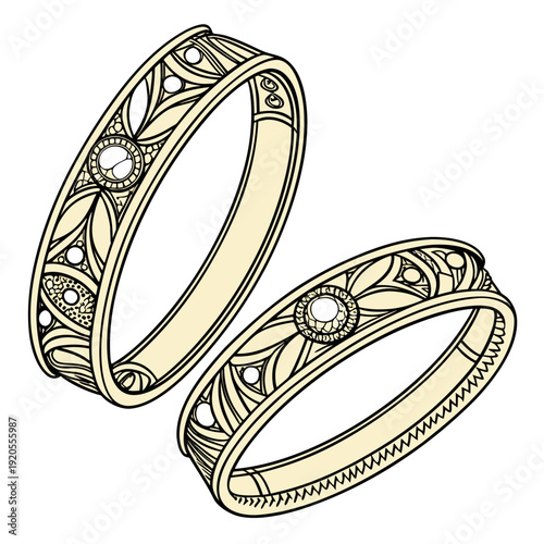 Gold wedding bands with intricate and white gemstones