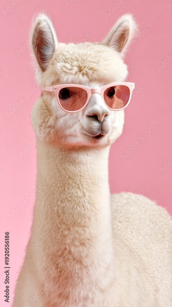 Obraz premium Stylish alpaca wearing pink sunglasses against a soft pink background