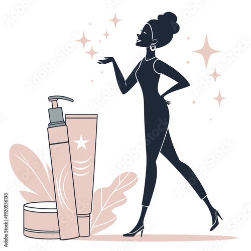 Black woman in bodysuit standing next to pink cosmetic products with leaves and sparkles
