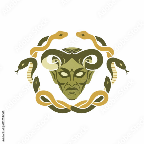 Tableau sur toile Mythical horned creature head with intertwined snakes.