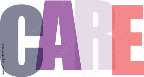 Large overlapping letters spell out the word CARE in muted pastel colors on Colorful text effect