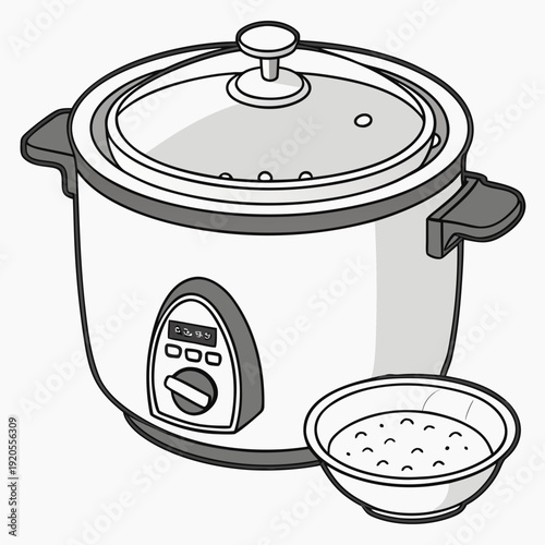 Rice cooker with bowl of cooked rice kitchen appliance