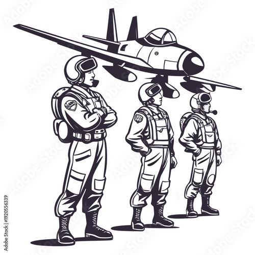 Three fighter pilots standing under a fighter jet military