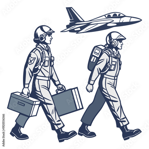 Air force pilots walking with flight gear and jet
