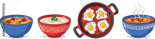 Soup bowls illustration set. Four colorful soups and egg tomato skillet in minimalist cartoon style. Modern food collection isolated on white background.