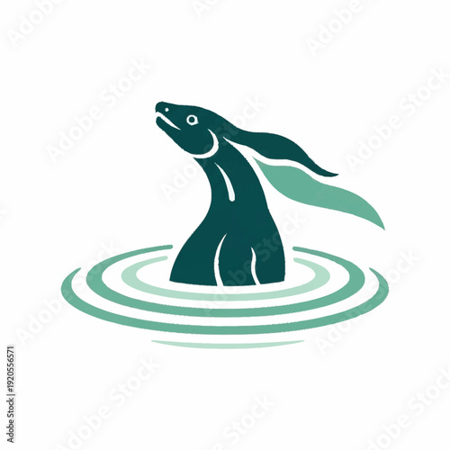 Stylized depiction of a mythical sea creature emerging from water ripples.