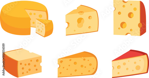 Flat cheese varieties illustration set. Swiss and orange cheese wedges and blocks in minimalist cartoon style. Clean dairy design isolated on white background.